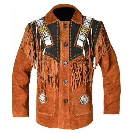 Men's New Cowboy Suede Leather Western Jacket With Fringe And Beads