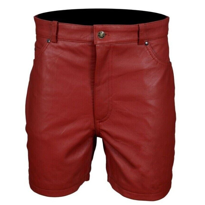 Men's Premium Leather Short Red Zipper Genuine Leather Casual 4 Pockets Shorts