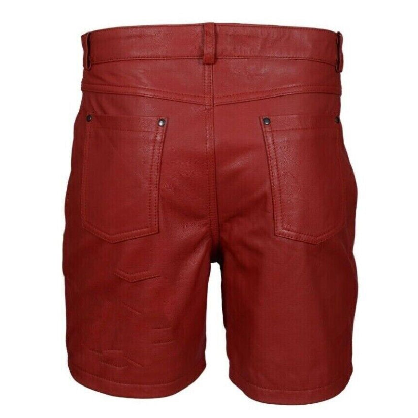 Men's Premium Leather Short Red Zipper Genuine Leather Casual 4 Pockets Shorts