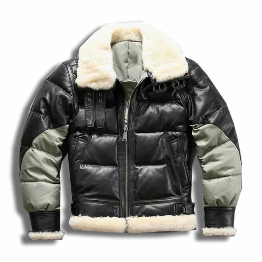 Mens Puffer Bomber Soft Sheepskin Leather Jacket