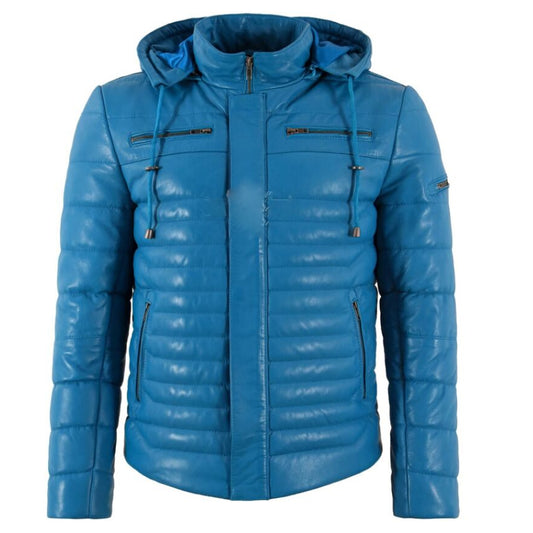 Men's Puffer Hooded Fully Quilted Padded Warm Real Lambskin Leather Sport Jacket