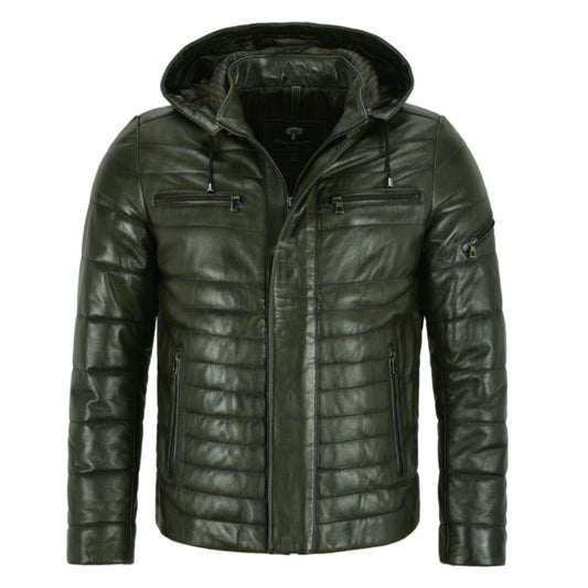 Men's Puffer Hooded Real Lambskin Napa Leather Sport Jacket