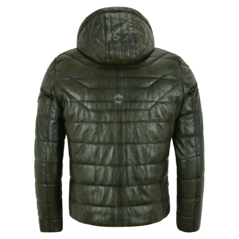 Men's Puffer Hooded Real Lambskin Napa Leather Sport Jacket