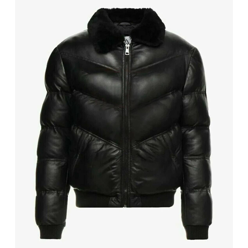 Men's Puffer Leather Jacket Black Fur Collar WARM Bomber Black REAL LEATHER