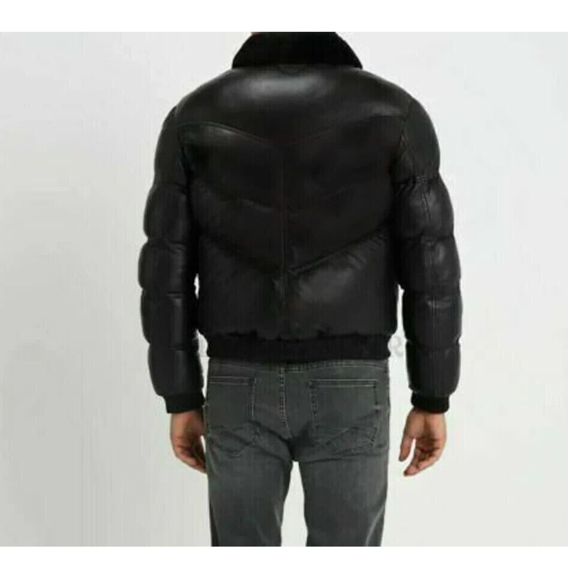 Men's Puffer Leather Jacket Black Fur Collar WARM Bomber Black REAL LEATHER