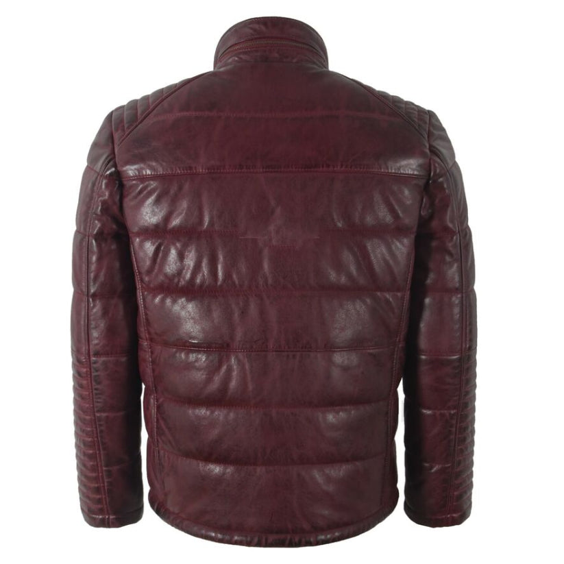 Men's Puffer Real Leather Jacket Oxblood Casual Sport Fully Quilted Style Jacket