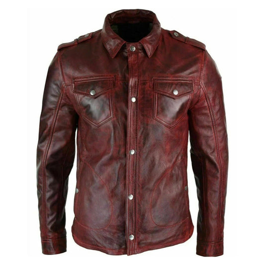 Men's Real Burgundy Lambskin Genuine Leather Shirt Stylish Biker Jacket Shirt
