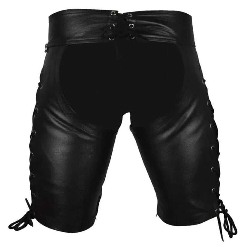 Men's Real Leather Black Shorts Clubwear and Party Wear Side Laces Chaps Shorts