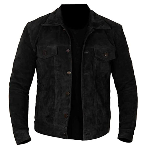 Men's Real Suede Leather Black Trucker Jacket