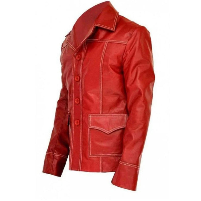 Men's Red Trucker Leather Jacket