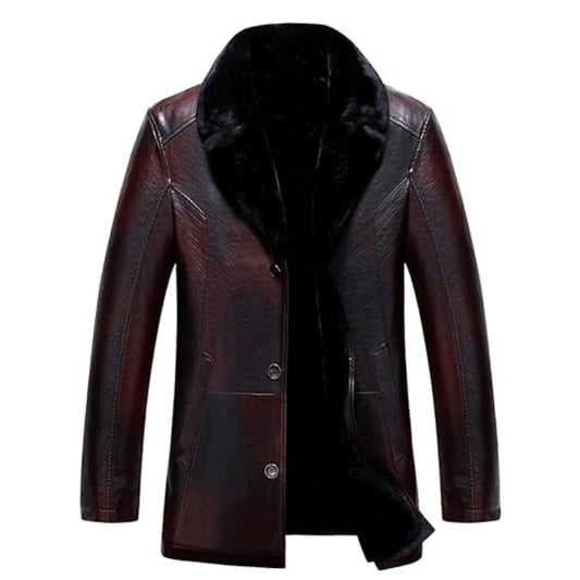 Men's Shearling Brown Slim Fit Leather Coat