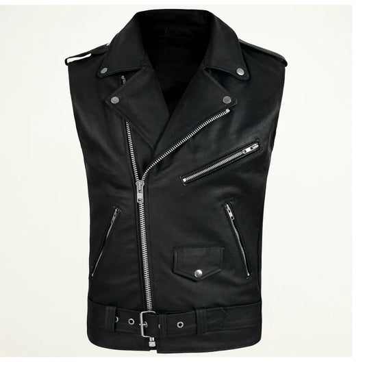 Men's Sleeveless Biker Style Classic Belted Genuine Leather Vest