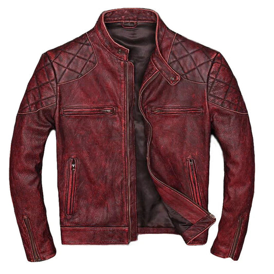 Men's Slim Fit Distressed Red Motorcycle Leather Jacket