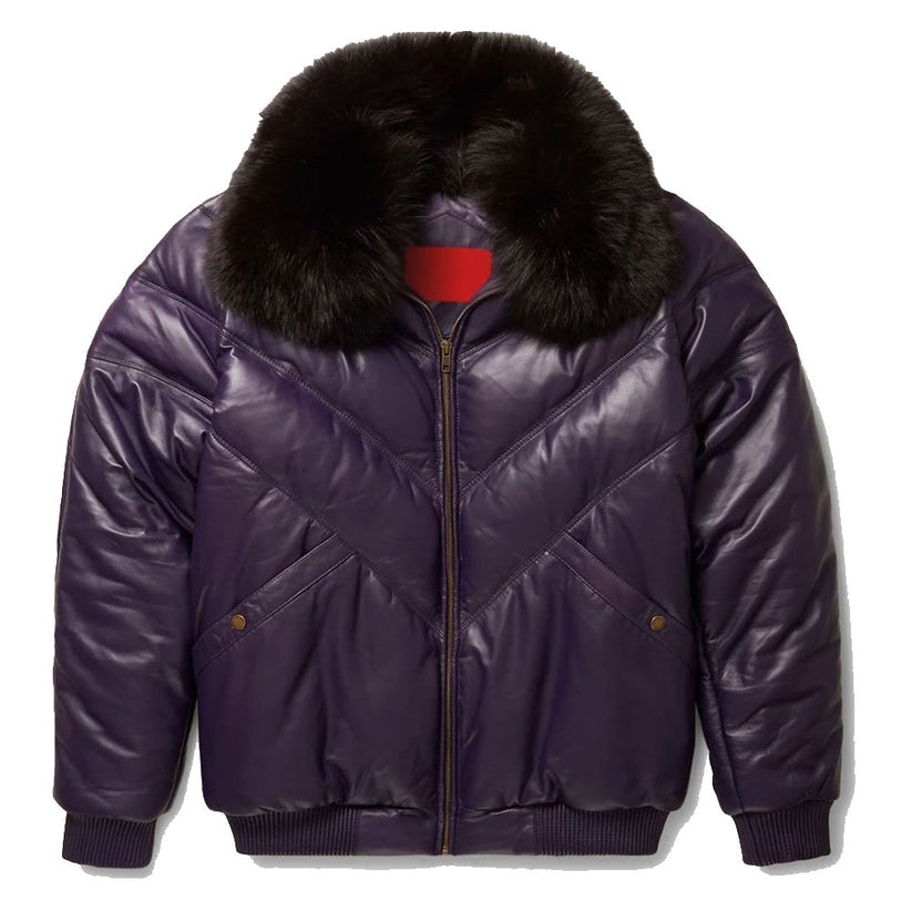 Men’s Stylish Purple V-Bomber Leather Jacket with Fur Collar