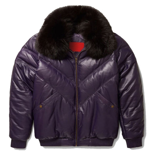 Men’s Stylish Purple V-Bomber Leather Jacket with Fur Collar