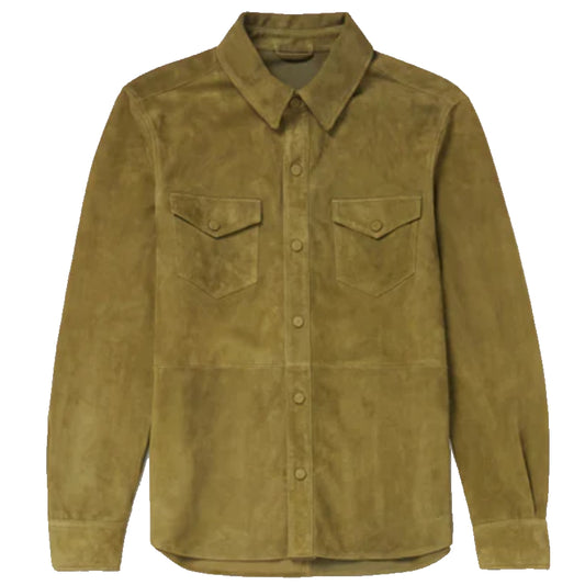 Men's Suede Green Full Sleeves Leather Shirt