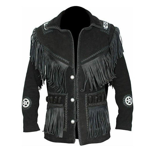 Men's Suede Western Cowboy Leather Jacket With Fringe & Bead Work Black