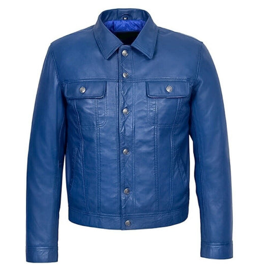 Men's Trucker Jacket Blue American Western Style Genuine Lambskin Leather