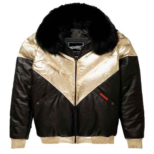 Men's V Bomber Black & Gold Leather Jacket with Black Fox Fur Collar