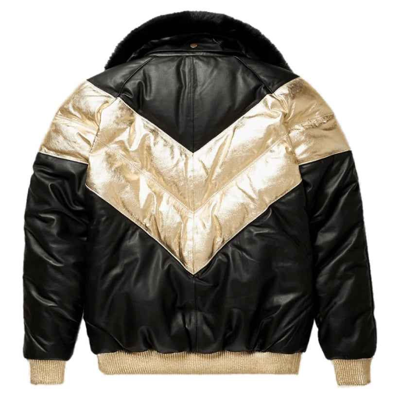 Men's V Bomber Black & Gold Leather Jacket with Black Fox Fur Collar