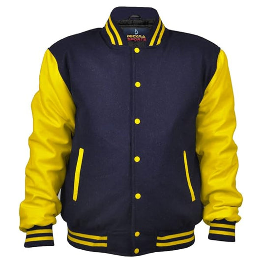 Men's Varsity Leather blue Jackets sleeve yellow