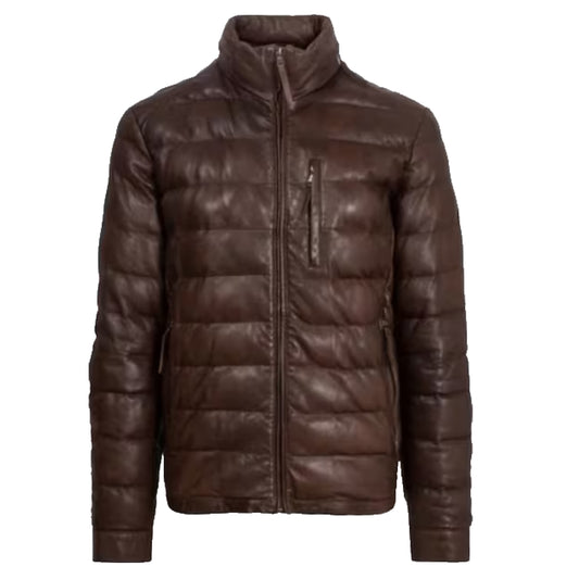 Men's Vintage Dark Brown Leather Puffer Jacket