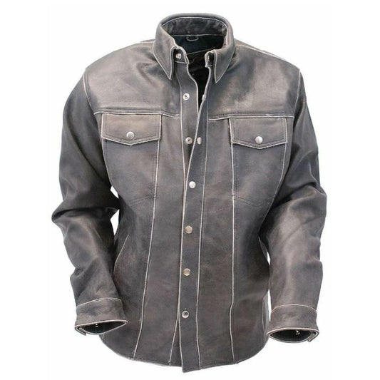 Men's Vintage Distressed Black Levis Style Real Leather Shirt with Faded Seam