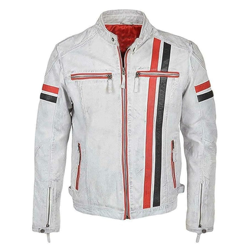 Men's Vintage White Red Biker Leather Jacket