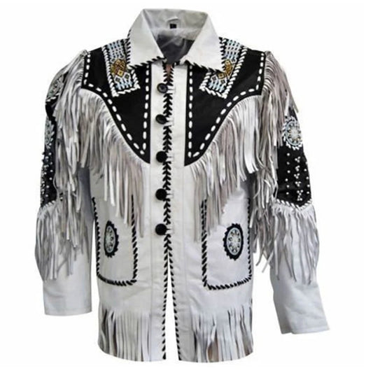 Men's Western Cowboy Leather Jacket with Fringes & Beads