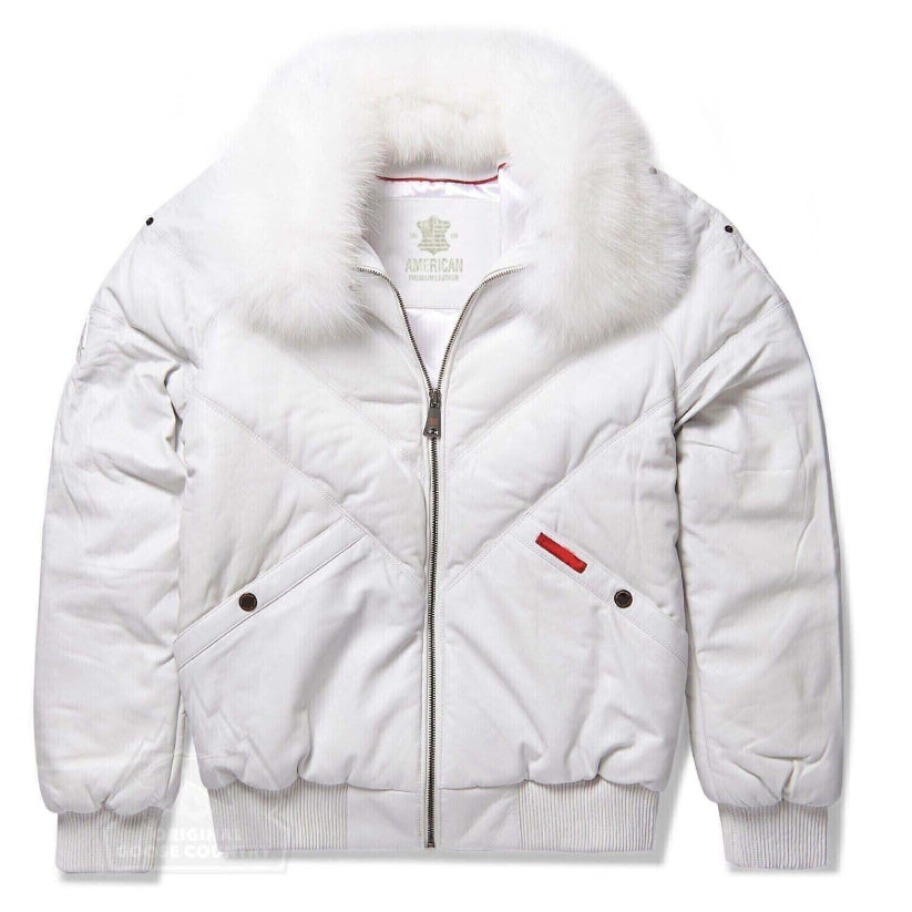 Men's White Lambskin V Bomber Leather Jacket with Fox White Fur Collar
