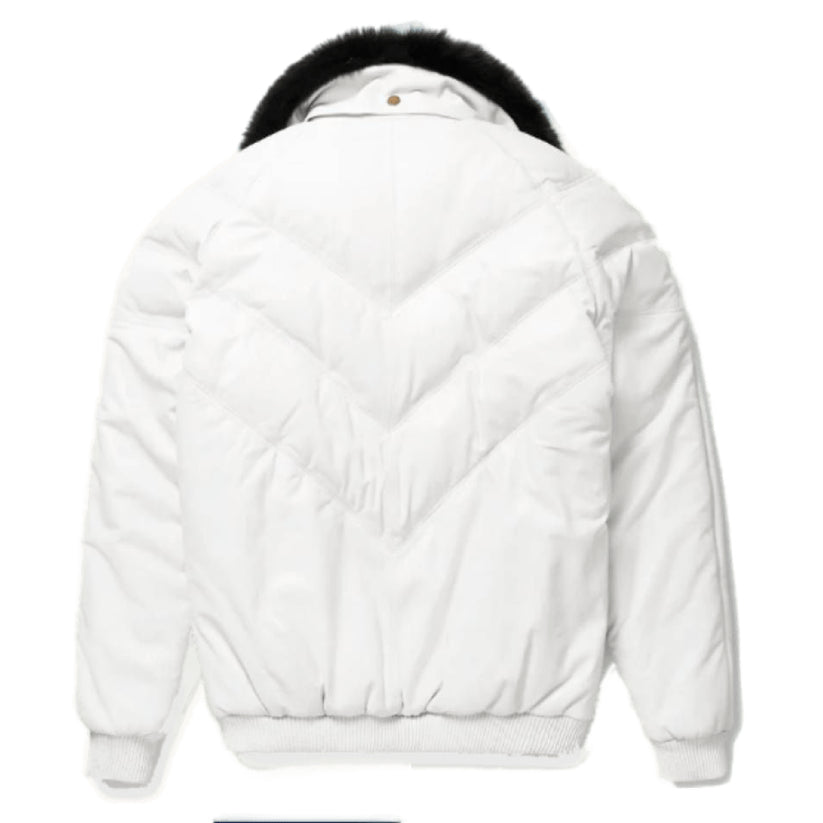 Men's White Lambskin V Bomber Leather Jacket with Fox White Fur Collar