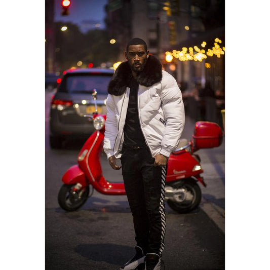 Men’s White V-Style Bomber Jacket with Black Faux Fur Collar
