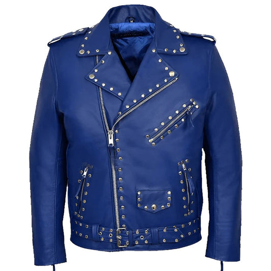 Men's Blue Studded Leather Biker Jacket