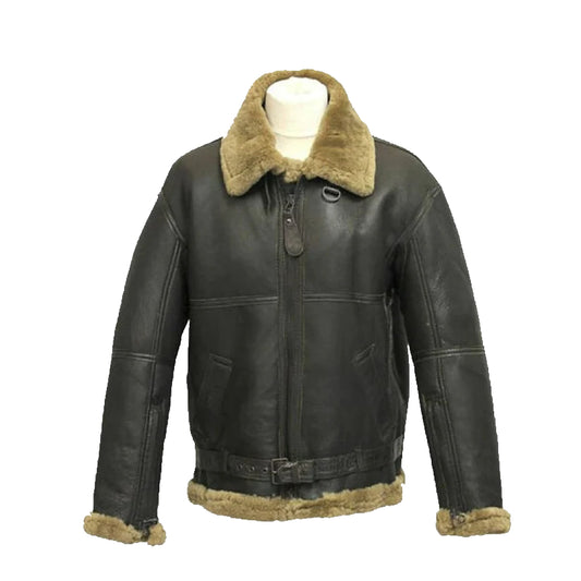 Mens B3 Bomber Pilot Real Sheepskin Shearling Black Leather Jacket