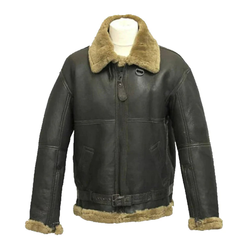 Mens B3 Bomber Pilot Real Sheepskin Shearling Black Leather Jacket