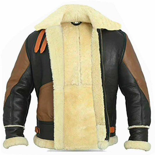 Mens B3 RAF Aviator Flying Flight Bomber Real Fur Shearling Brown Leather Jacket