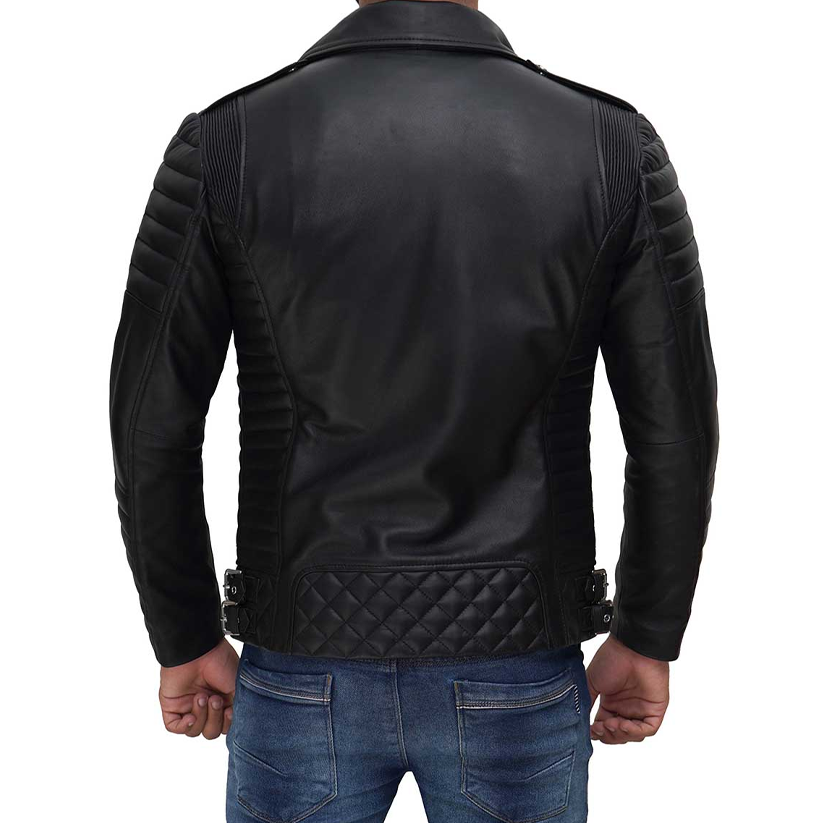 Mens Biker Style Quilted Asymmetrical Black Leather Jacket