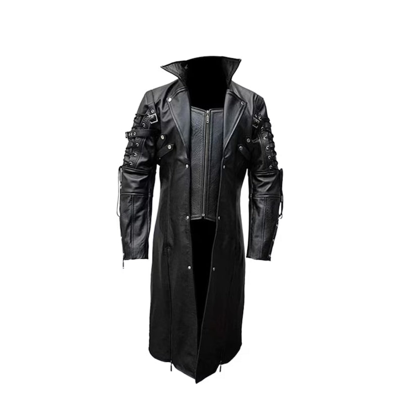 Mens Black Genuine Leather Trench Coat