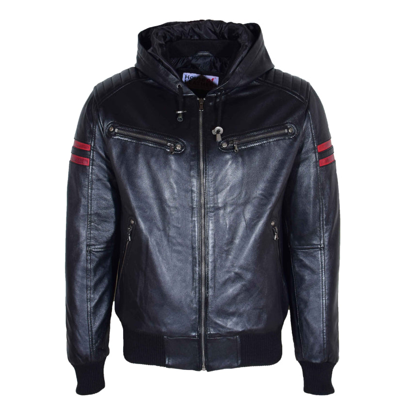 Mens Black Leather Bomber Jacket Hooded