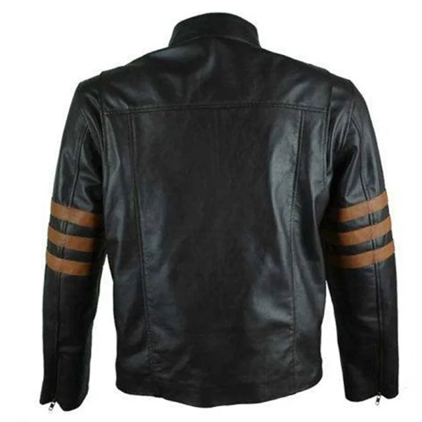 Mens Black Leather Brown Striped Jacket