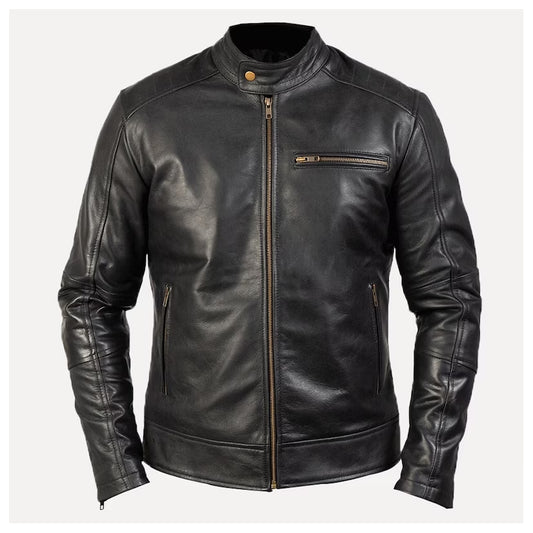 Mens Black Leather Cafe Racer Motorcycle Jacket
