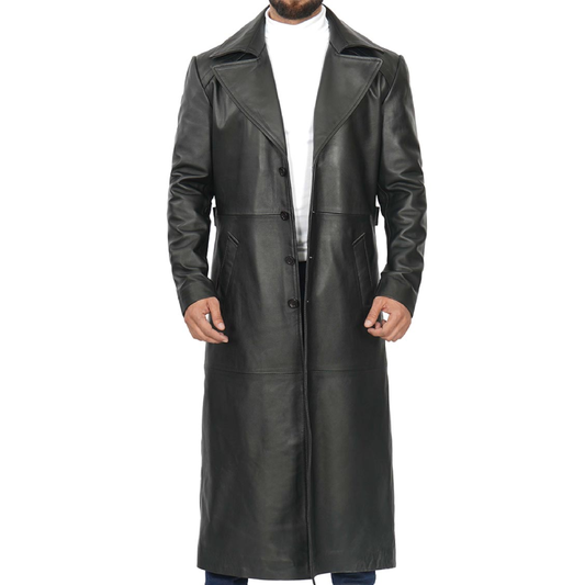 Mens Black Leather Trench Coat