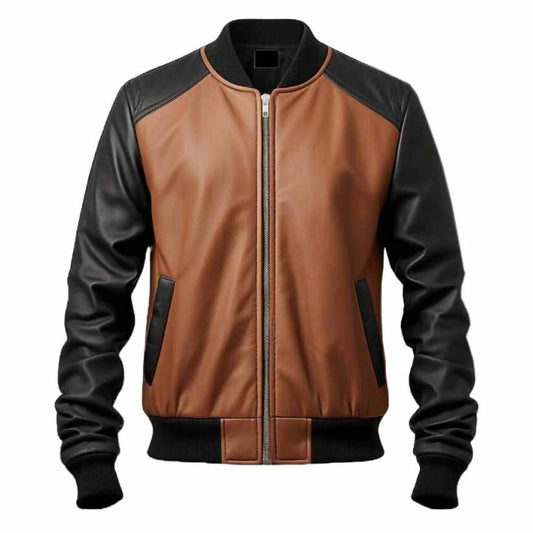 Mens Black and Brown Bomber Leather Jacket
