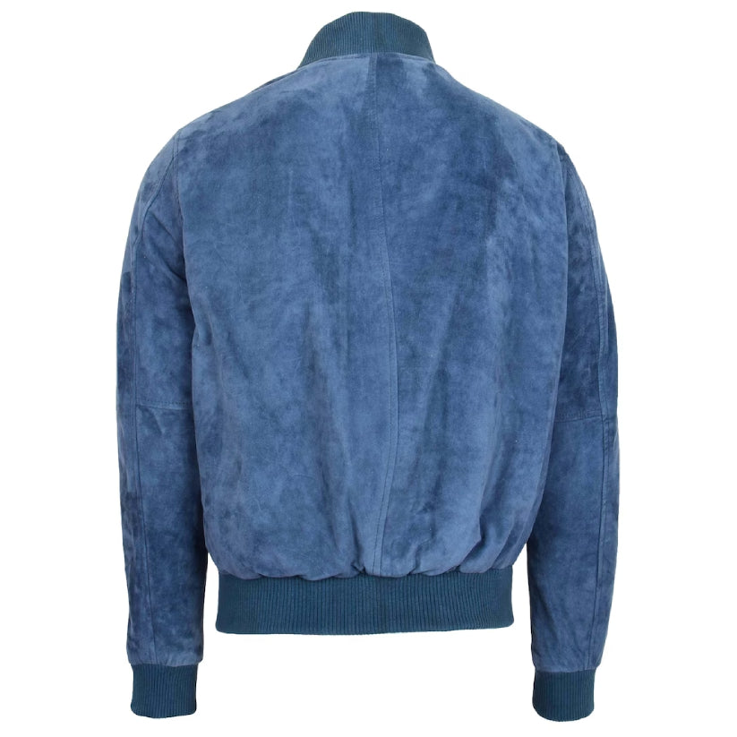 Mens Blue Suede Leather Bomber Jacket