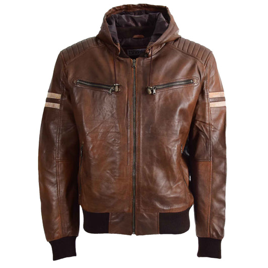 Mens Brown Leather Bomber Hoodie Jacket