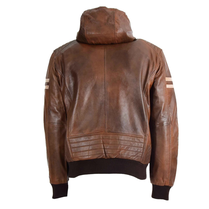 Mens Brown Leather Bomber Hoodie Jacket