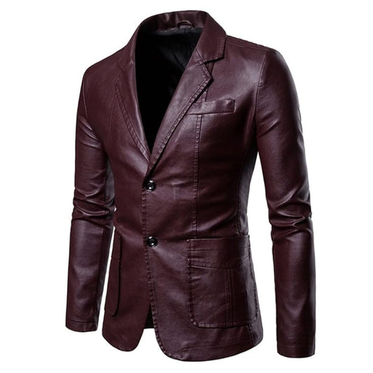 Mens Casual Leather Blazer Mid Length Vintage Jacket Coat