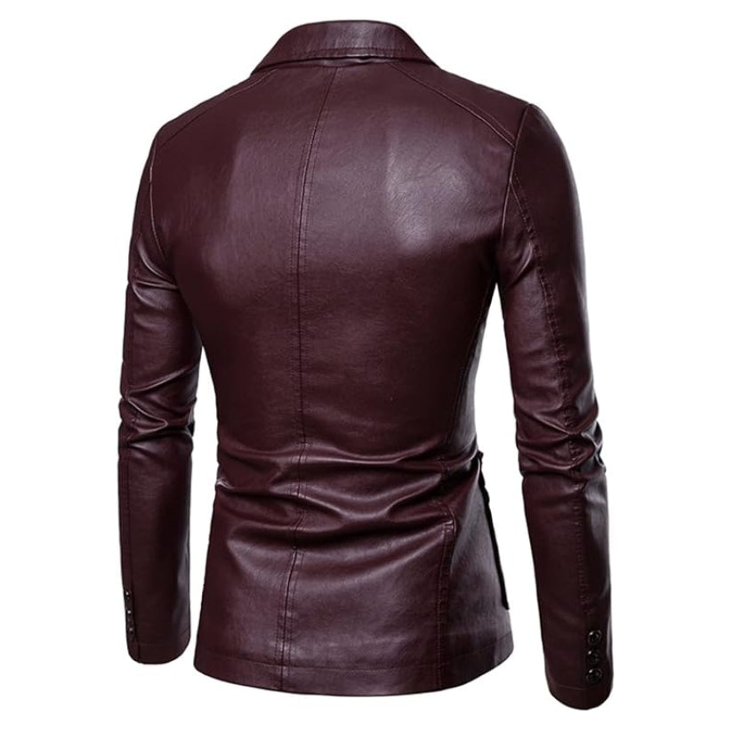 Mens Casual Leather Blazer Mid Length Vintage Jacket Coat