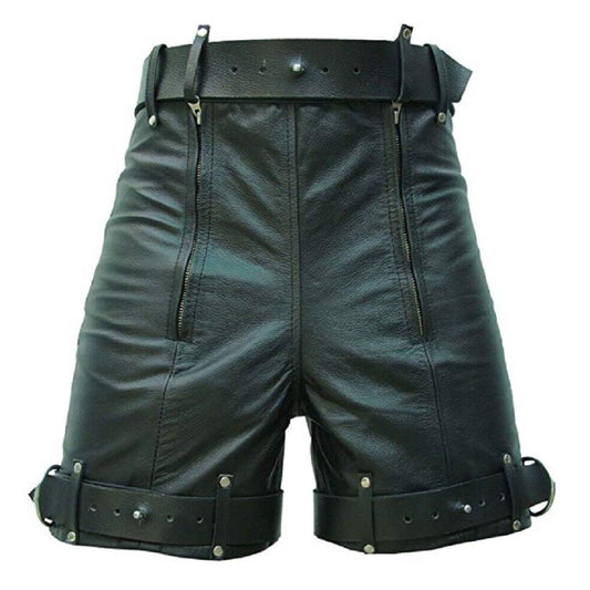 Mens Chastity Bondage Shorts Real Black Leather Locking Rear Zip