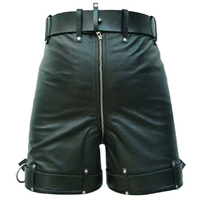 Mens Chastity Bondage Shorts Real Black Leather Locking Rear Zip